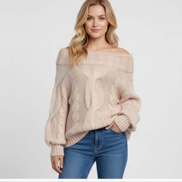 Vintage Sweaters - Vintage Pink Mohair Wool Off Shoulder Cable Knit M